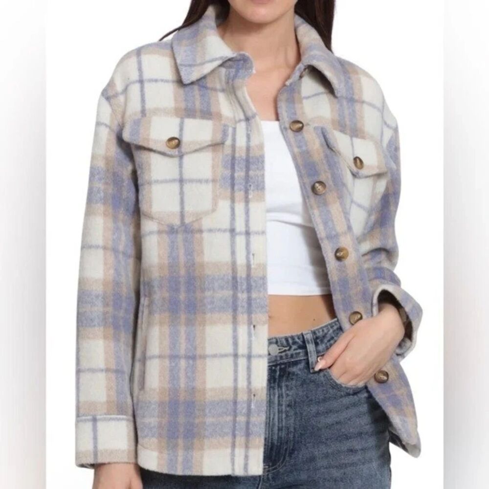 AVEC LES FILLES Relaxed Fit Lavender Beige Plaid Fall Shacket Size Large